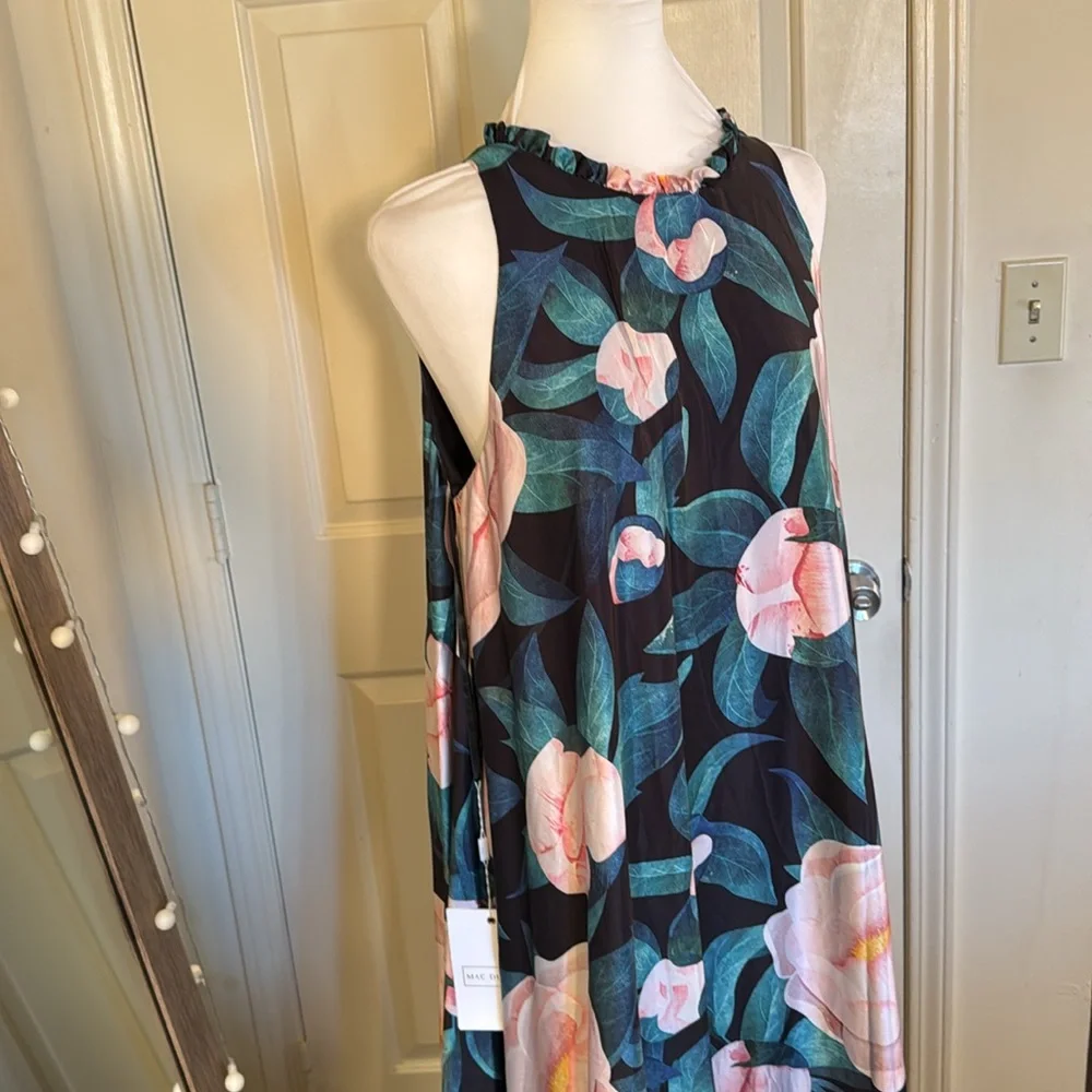 Mac Duggal Teal Floral Maxi Dress with Pink and White Blooms - Picture 6 of 14